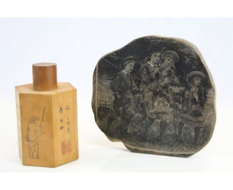 Chinese Hexagonal Treen Tea Caddy with Three Panels etched with Figures and Three Panels etched with Calligraphy, 16cms high 