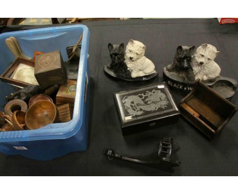 Mixed Lot of Collectables including Plastic Black and White Scotch Whiskey items, Wooden Elephants, Wooden Boxes, etc
