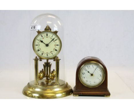 Edwardian Mahogany Domed Top Mantle Clock with White Enamel Face, 14cms and a Glass Domed Top Anniversary Clock, 30cms high
