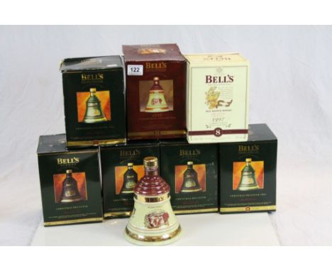 Seven Boxed Wade Ceramic ' Bell's ' Christmas Whiskey Bell Decanters, 1992, 1993, 1994, 1995 x , 1996 and 1997, all sealed an