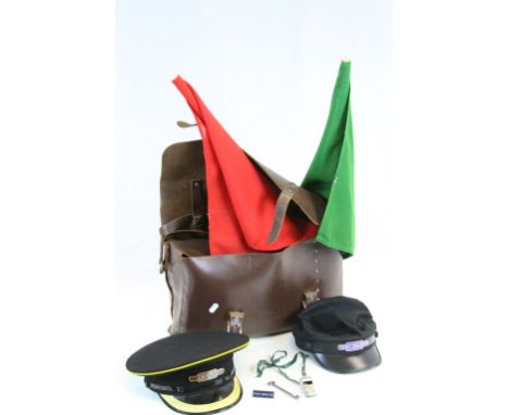 British Rail Guards Brown Leather Bag with Contents including Green Flag, Red Flag, Guardsman Hat, Ticket Collectors Hat, 2 x