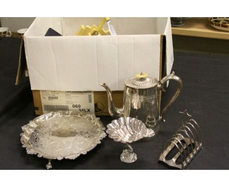 Good Collection of Silver Plate including Thomas Webb Shell Dish on Fish Footed Stand, Card Tray, Toast Rack, Chamber Stick, 