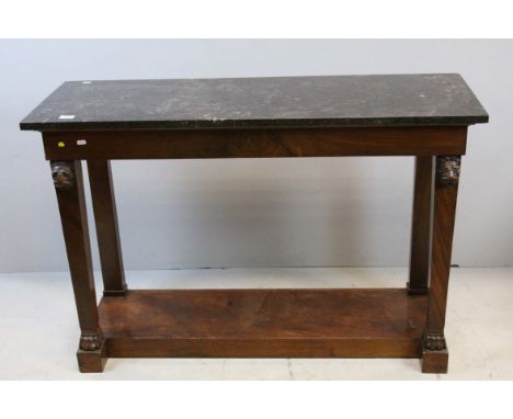 French Empire Style Mahogany Console / Pier Table with Black Marble Top on Square Tapering Legs with Lion Masks and Paw Feet 