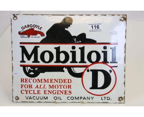 Vintage Enamel Advertising Sign ' Mobiloil ' D ' with a silhouette of a Motorcycle and Rider, 32cms x 25cms