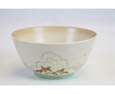 Clarice Cliff for Wilkinson bowl, floral decoration, orange, green, yellow and brown colour palette, Clarice Cliff marks to b