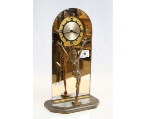 Art Deco Style Mantle Clock, the Domed Mirrored Case housing a clock converted to battery with a Bronzed Nude Female stood in