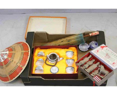 Box of Oriental Items including Saki Cups, Tea Sets, Handpainted Sun Parasol, etc