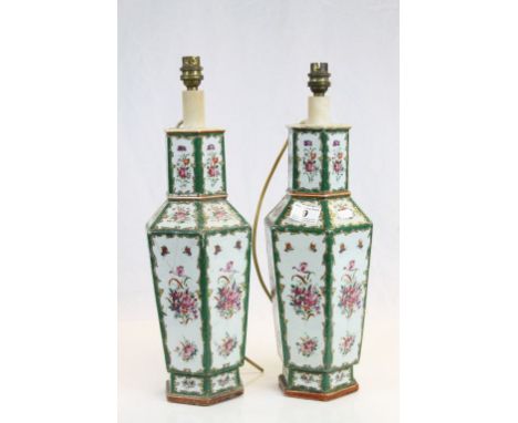 Pair of Chinese Hexagonal Famille Verte Vases converted to Table Lamps decorated with Panels of Enamel Flowers and Butterflie
