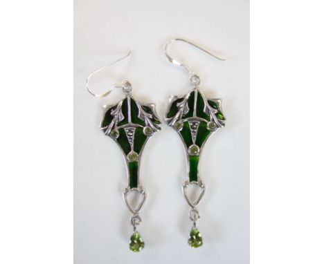Pair of Silver and Plique A Jour Art Nouveau Style Earrings with Peridot Drop