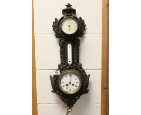 Late 19th century Metal Cased Aneroid Barometer, Clock and Thermometer (missing) made by J J Wainwright and Co, Birmingham, w
