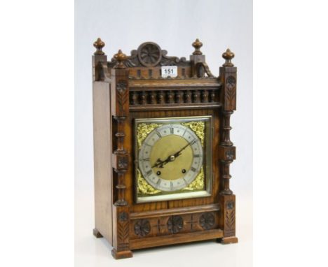 Late 19th century Winterhalder &amp; Hofmeier Carved Oak Cased Bracket Clock with Brass Dial and Silvered Chapter Ring, Roman