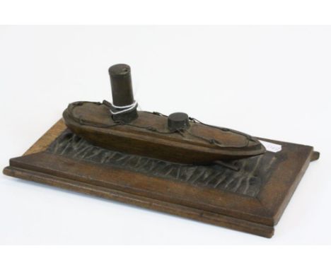 World War One Trench Art Model Of A Ship Made From Wood And Brass.