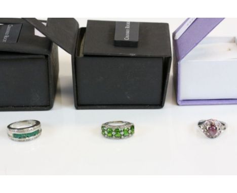 Three boxed Gem set Silver Rings to include; Emerald, Russian Diopside/Diamond, Cats Eye Ruby