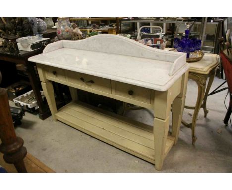 Cream Painted Oak Kitchen Worktable, the White Grained Marble Top with Upstand, Three Drawers and Slatted Pot Shelf Below, 15