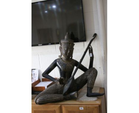 Large Carved Wooden South Asian Seated Buddha playing a Lute, approx. 77cms high