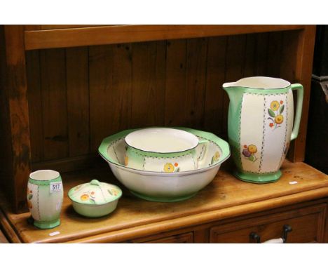 Early 20th century Ceramic Wash Set comprising Wash Jug, Bowl, Chamber Pot, Toothbrush Holder and Soap Dish 