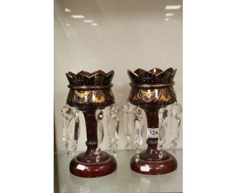 Pair of 19th century Ruby Glass Lustres with Gilt Decoration, 26cms high