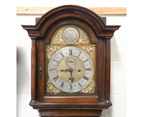 A late 17th century brass five pillar month going longcase clock movement striking on a bell via an outside countwheel, the 1