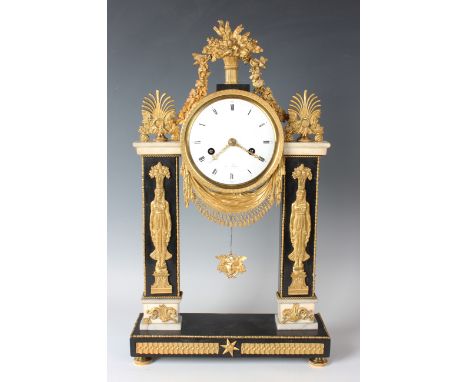 An early 19th century French ormolu, white marble and black slate portico mantel clock, the eight day movement with silk susp