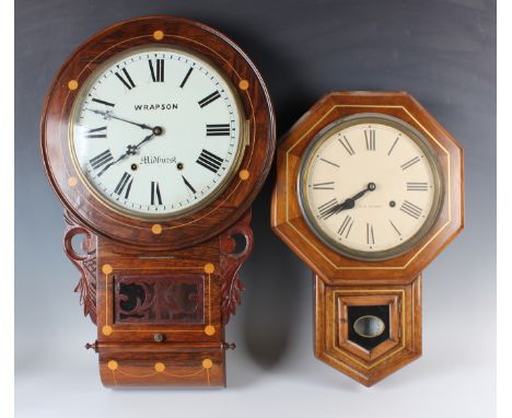 A late 19th century inlaid rosewood drop dial wall clock with eight day movement striking on a bell, the 12-inch painted dial