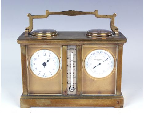 A late 19th century French brass cased combination carriage timepiece with barometer, thermometer and compass, by Duverdry &a