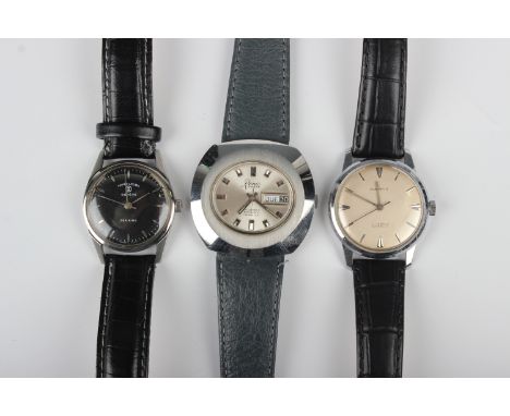 A Favre-Leuba Sea-King stainless steel circular cased gentleman's wristwatch, the signed black dial with silvered baton hour 