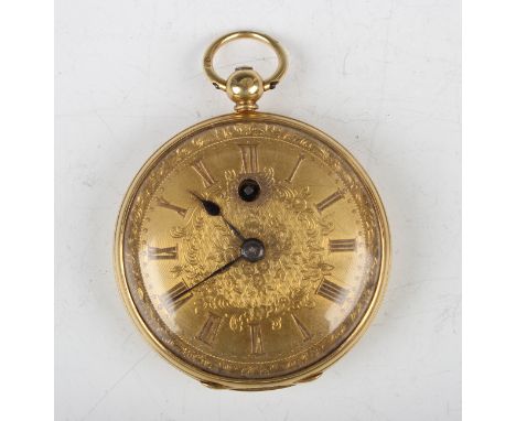 An 18ct gold cased keywind open-faced lady's fob watch, the gilt fusee movement with lever escapement, the backplate detailed