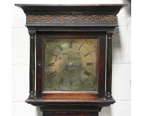 A mid-18th century oak longcase clock with thirty hour movement striking on a bell via an outside countwheel, the 11¼-inch sq