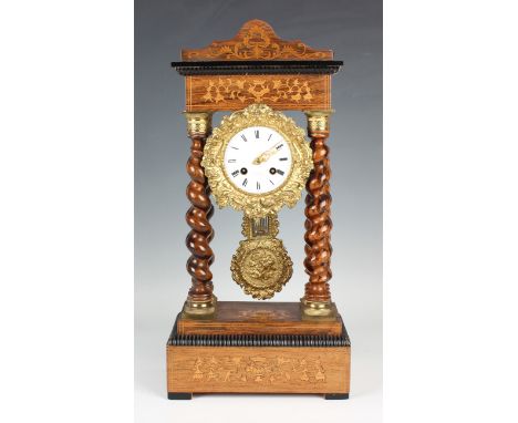 A late 19th century French inlaid rosewood portico mantel clock with eight day movement striking on a bell via an outside cou