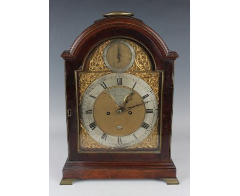 A George III mahogany bracket clock, the brass twin fusee movement with verge escapement chiming quarters on six bells and st