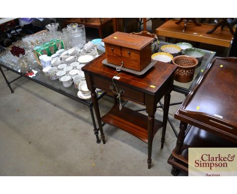 A reproduction side table fitted single drawer, together with a small carved wooden tray and a carved trinket box
