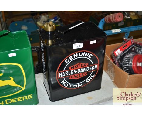 A reproduction Harley Davidson oil can