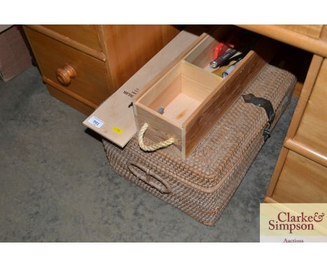 A wine box and contents of various tools together with a wicker basket