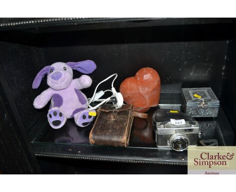A Konika camera, folding camera, a trinket box, heart shaped lamp etc,