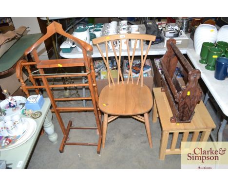 A stick back dining chair together with a pine towel rail, valet stand, side table and magazine rack