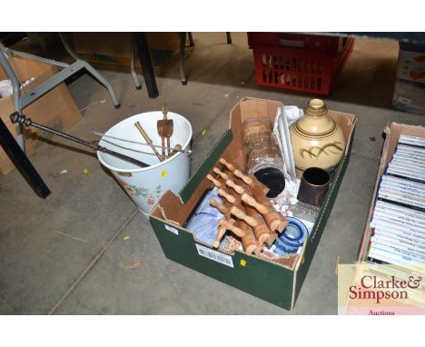 A box of various sundry items together with an enamel painted pail and contents