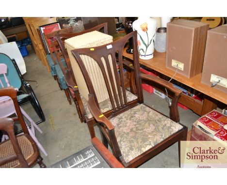 A pair of Hepplewhite style mahogany elbow chairs together with a Loom linen basket