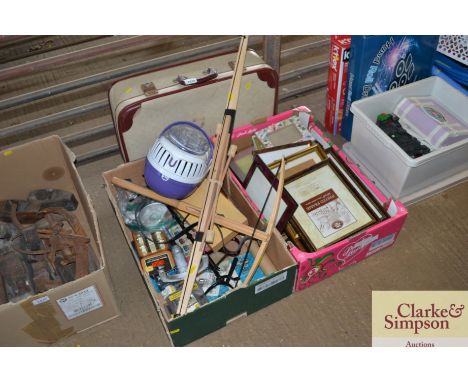 Two boxes and suitcase containing various sundry items to include picture frames, bow and arrow 