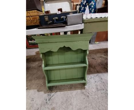 A GREEN PAINTED WOODEN SHELF RACK UNIT 