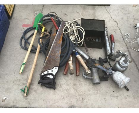 VARIOUS TOOLS TO INCLUDE GREASE GUN, SAWS, GARDEN TOOLS, PIPING ETC 