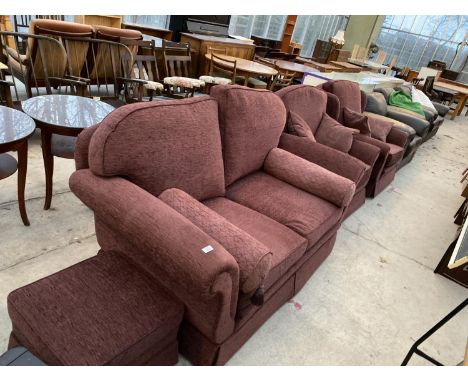 A TWO SEATER SOFA, TWO ARMCHAIRS AND A FOOTSTOOL 