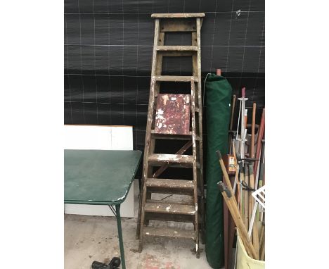 TWO PAIRS OF VINTAGE WOODEN STEP LADDERS, ONE FOUR STEP AND ONE SEVEN STEP 