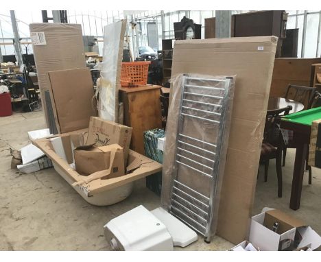 A LARGE COLLECTION OF NEW AND BOXED BATHROOM ITEMS TO INCLUDE SHOWER BASE AND SCREEN, TAPS, SHOWER, TOWEL RAIL, BASIN MIRROR,