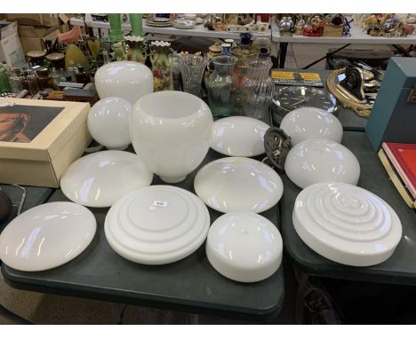 A LARGE COLLECTION OF VINTAGE WHITE GLASS LAMP SHADES 