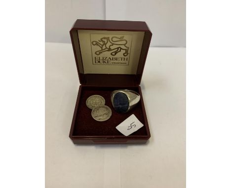 A BOXED SILVER RING AND TWO SILVER 5 PENCE COINS 