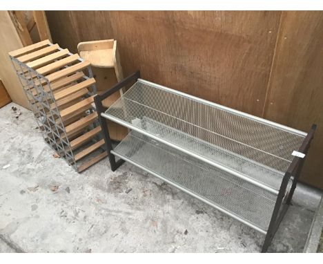A TWENTY FOUR BOTTLE WINE RACK, A METAL SHOE RACK AND A PINE CORNER SHELF 
