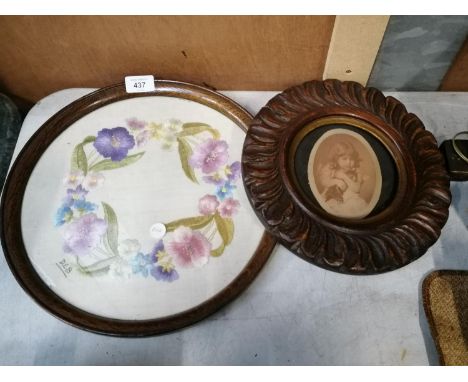 TWO ROUND FRAMED ITEMS - EMBROIDERED TRAY AND PORTRAIT 