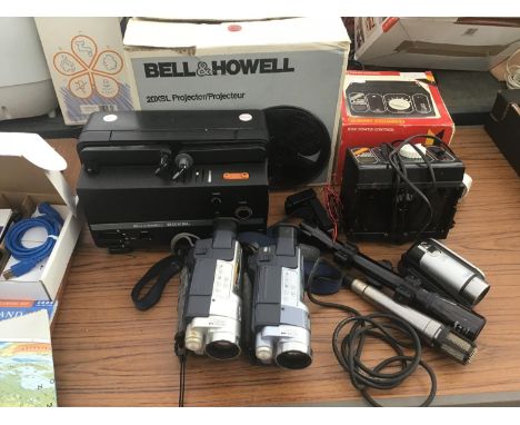 VARIOUS ITEMS TO INCLUDE A BELL AND HOWELL PROJECTOR, VIDEO CAMERS, HORNBY POWER CONTROLLER ETC 