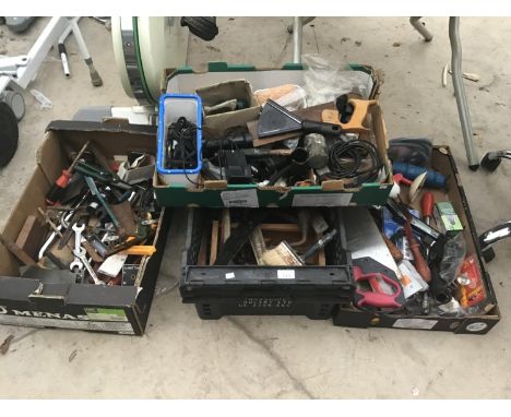 A LARGE COLLECTION OF TOOLS IN FOUR BOXES TO INCLUDE SPANNERS, SAWS, MALLET, ETC 