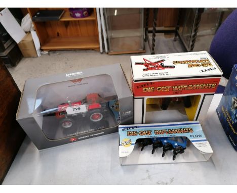 THREE ITEMS - TWO DIE CAST IMPLEMENTS AND A UNIVERSAL HOBBIES MODEL MASSEY FERGUSON 1080 4WD EUROPEAN 1-32 SCALE ITEM NO 4169